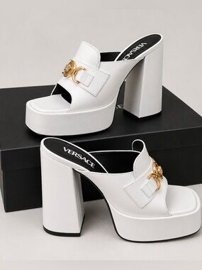 Versace Medusa Platform Mules White Leather Gold Hardware EU 38 | Box & Dust Bag